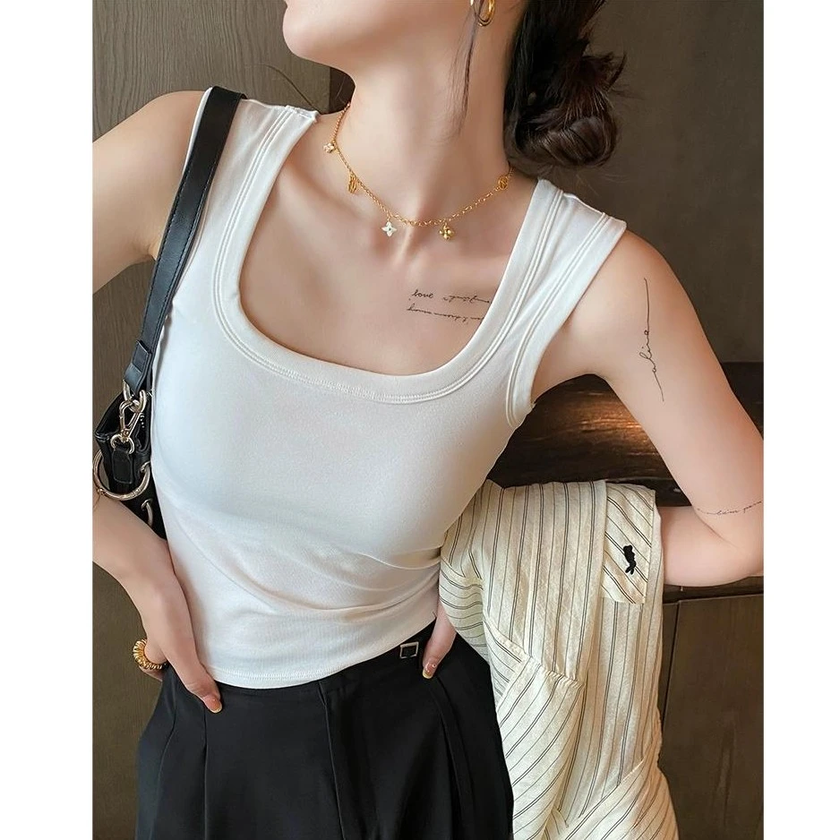 方领吊带背心女内搭夏季2023新款宽肩白色工字带胸垫外穿打底上衣