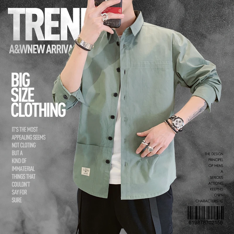 修身长袖衬衣纯棉薄款痞帅日系衬衫男潮流时尚百搭休闲衬衫2003-2