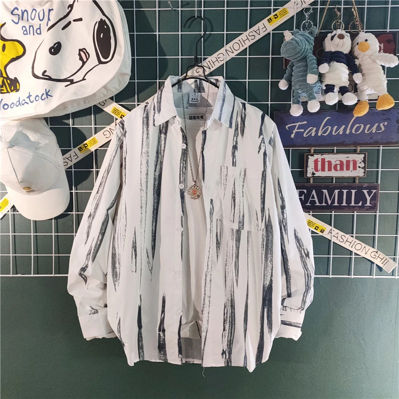 夏季痞帅条纹衬衫男潮ins设计感小众青年高级感宽松扎染衬衣外套