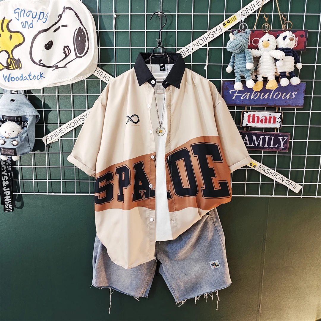 美式日系复古短袖衬衫男套装夏季慵懒风潮牌工装衬衣外套男痞帅气