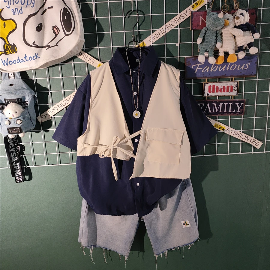 日系港风复古工装衬衣外套潮牌痞帅炸街短袖衬衫短裤套装男高级感