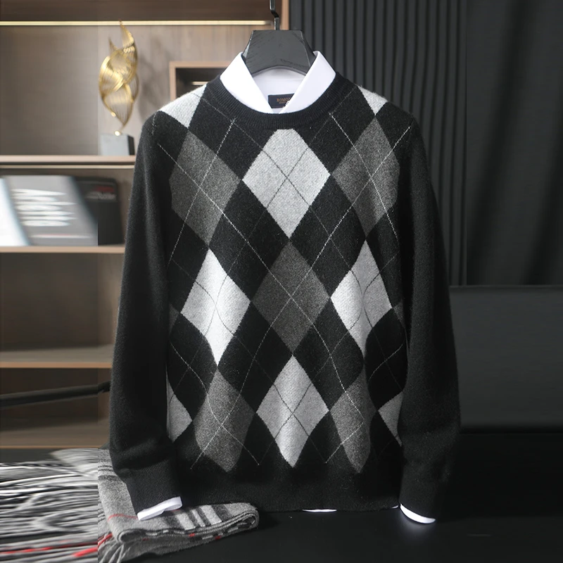 T21七针加厚菱形格圆领套头纯山羊绒衫冬季男士外套【360-440克】