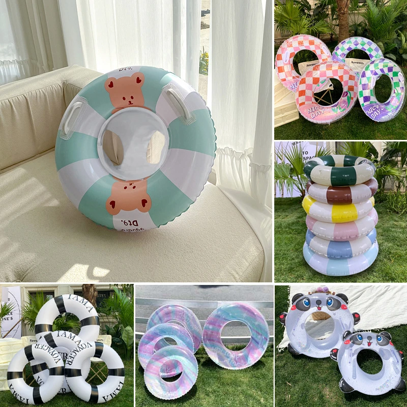 新款亮片加厚带把手成人婴儿游泳圈儿童卡通浮力泳圈水上乐园热销