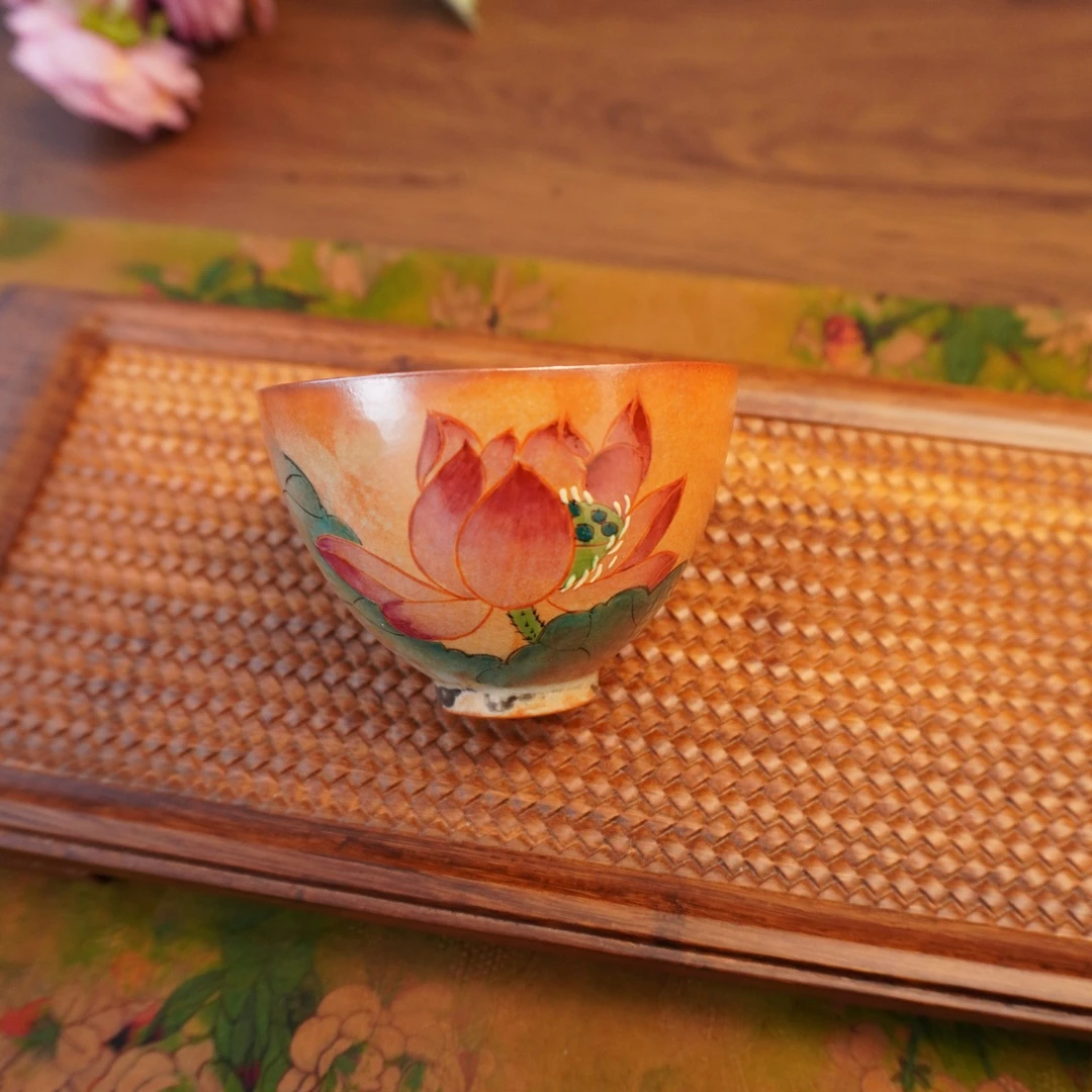 【长石志野·荷花·鸡心杯】手绘手作柴烧复古家用陶瓷精美主人杯