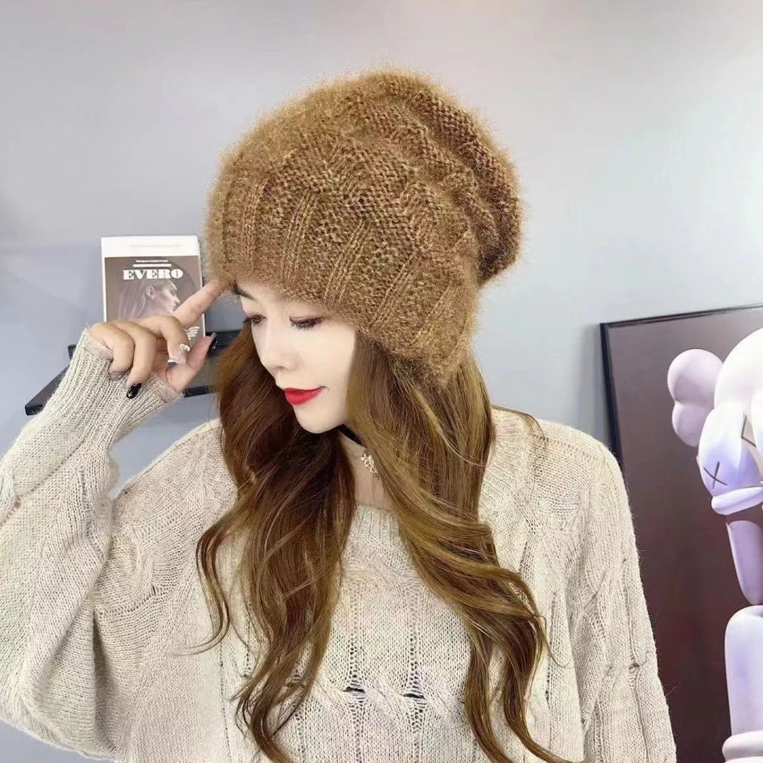 【加绒后开口】手工编织松鼠绒堆堆帽慵懒女士保暖帽子冬帽