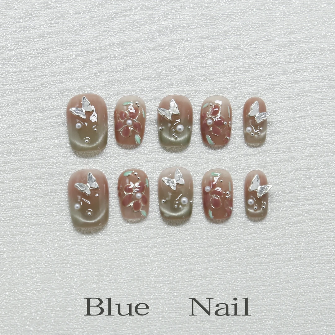 【蝶翎】-BLUENAIL-手工穿戴甲可反复穿戴手绘花卉银边法式银蝶意境