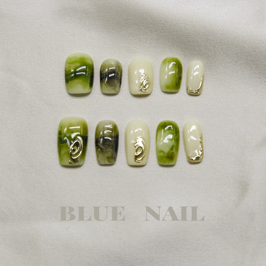 【青山】-BLUENAIL-手工穿戴甲可反复穿戴国风绿色系晕染气质设计