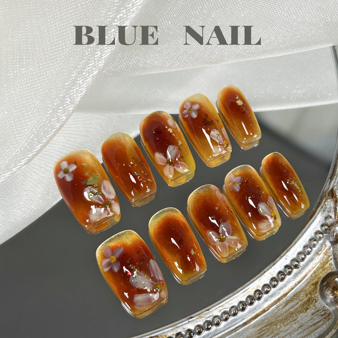 【枫糖浆】-BLUENAIL-手工穿戴甲可反复穿戴蜂蜜水润色手绘小花温柔