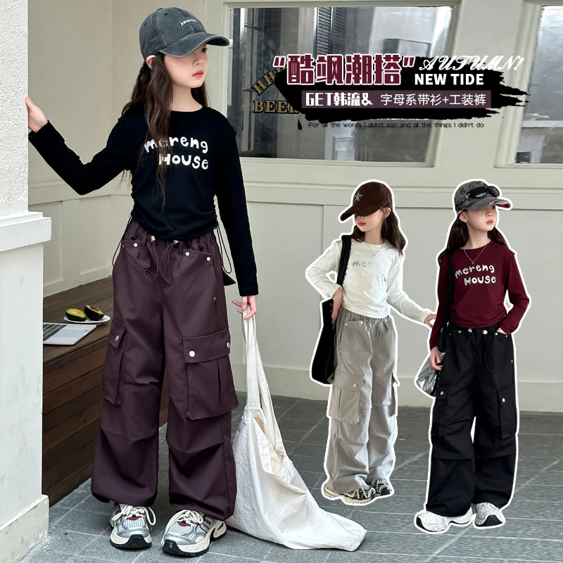 女童工装裤秋装套装2024新款中大儿童洋气潮流休闲运动宽松两件套