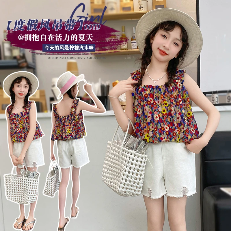 女童吊带上衣套装夏季2024新款薄款6-12岁15中大童短裤潮款两件套