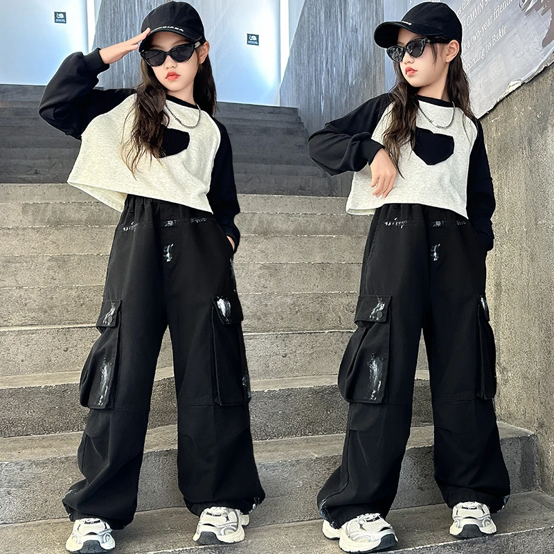 女童工装裤秋装套装2024新款中大儿童洋气潮流休闲运动宽松两件套