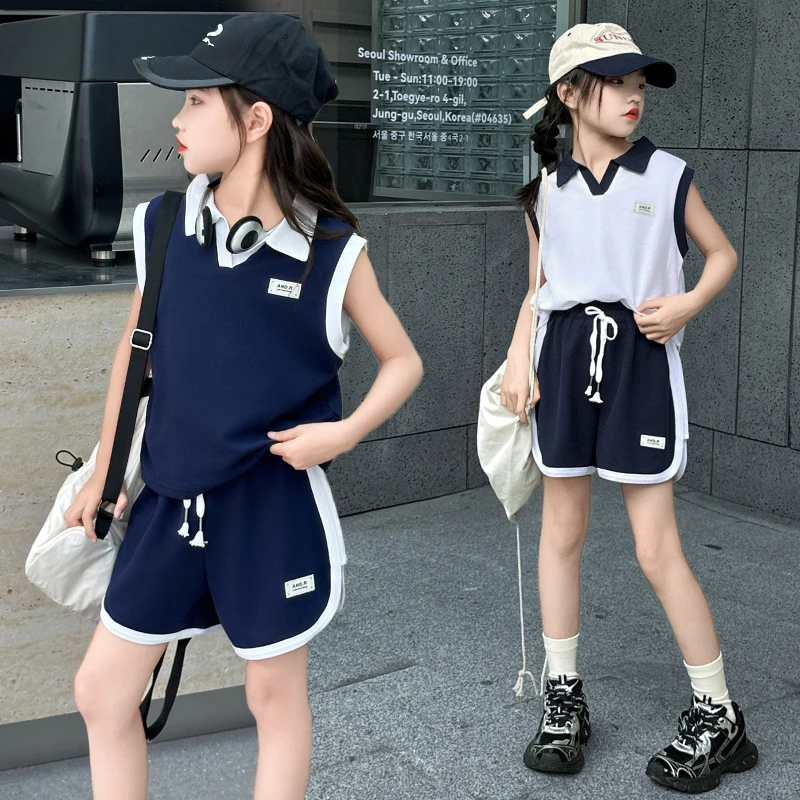 女童夏季套装6-12岁15岁中大童2024新款洋气小女孩无袖短裤两件套