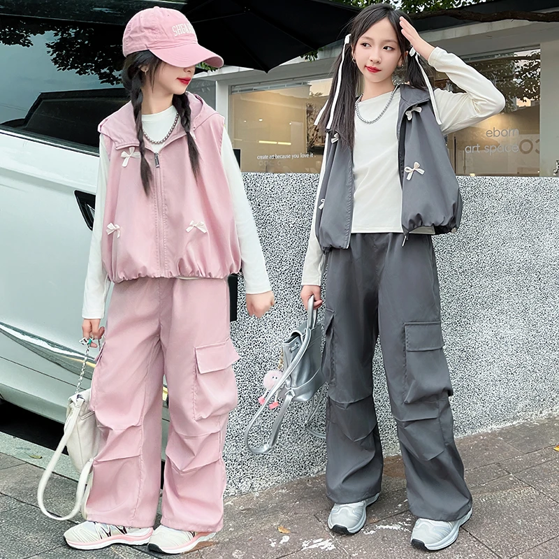 女童春秋套装2024新款6-12岁15岁中大童装洋气休闲时髦马甲三件套