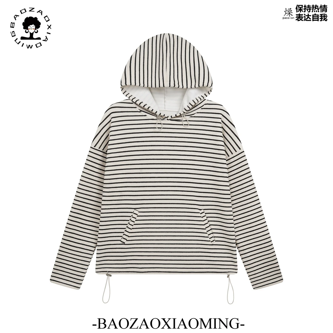 暴躁小明  休闲复古条纹连帽卫衣女冬季加绒加厚长袖上衣/153