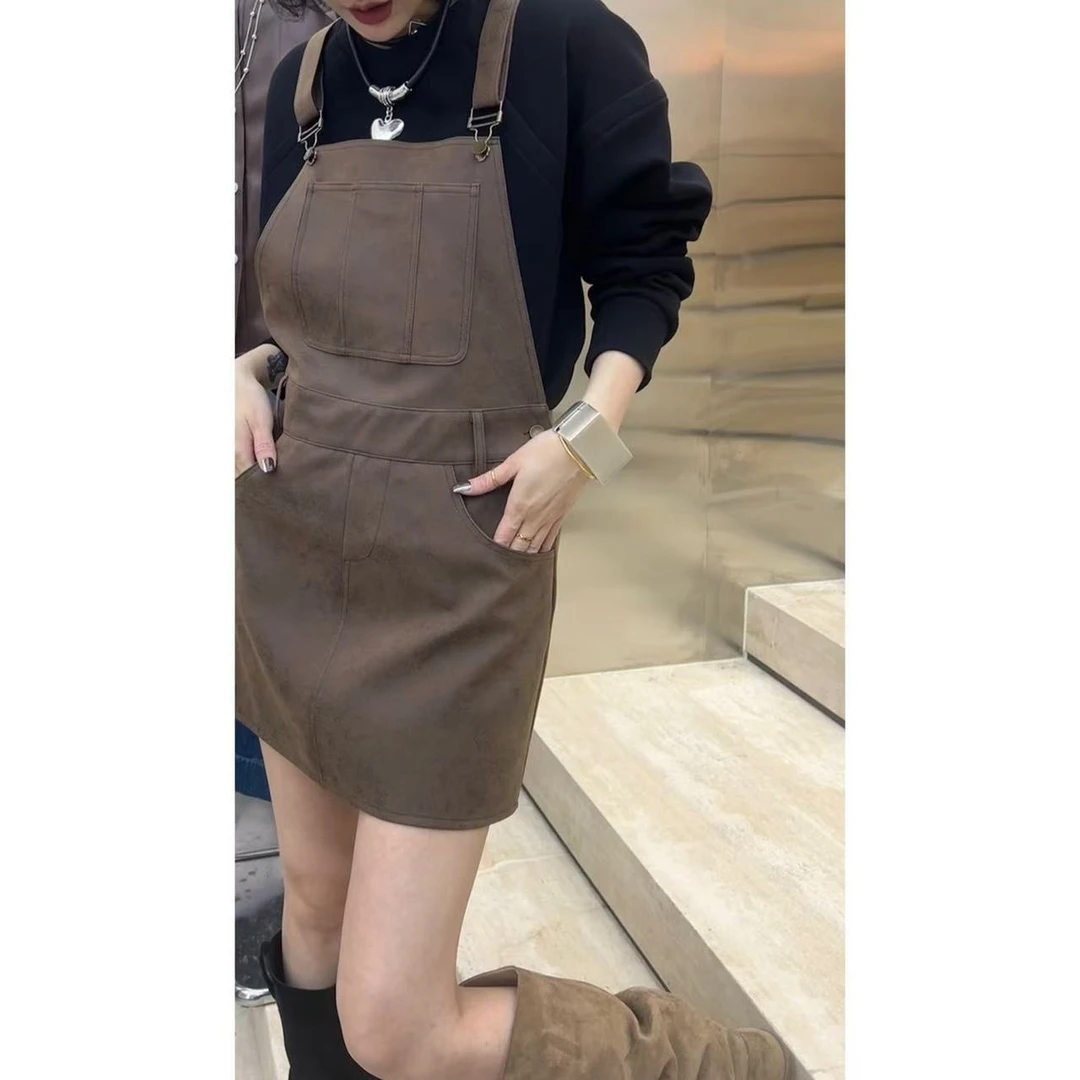 暴躁小明  美式时尚甜酷背带连衣裙美拉德洋气韩版气质皮裙/017