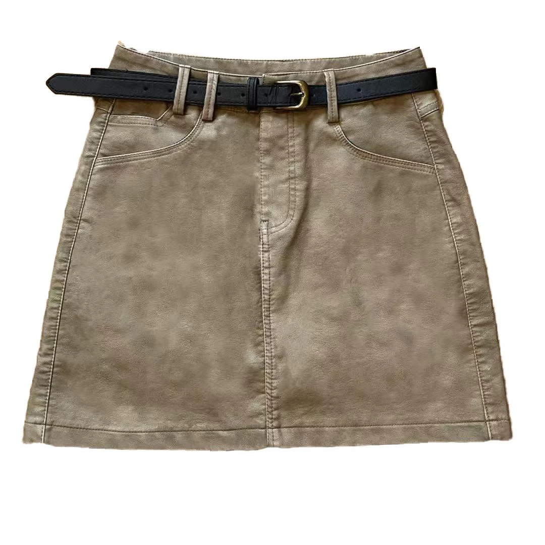 港味复古a字短裙女2024秋季新款时尚个性高腰显瘦皮裙【9112】