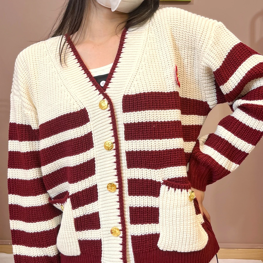 时尚复古宽松条纹撞色开衫毛衣（1153）