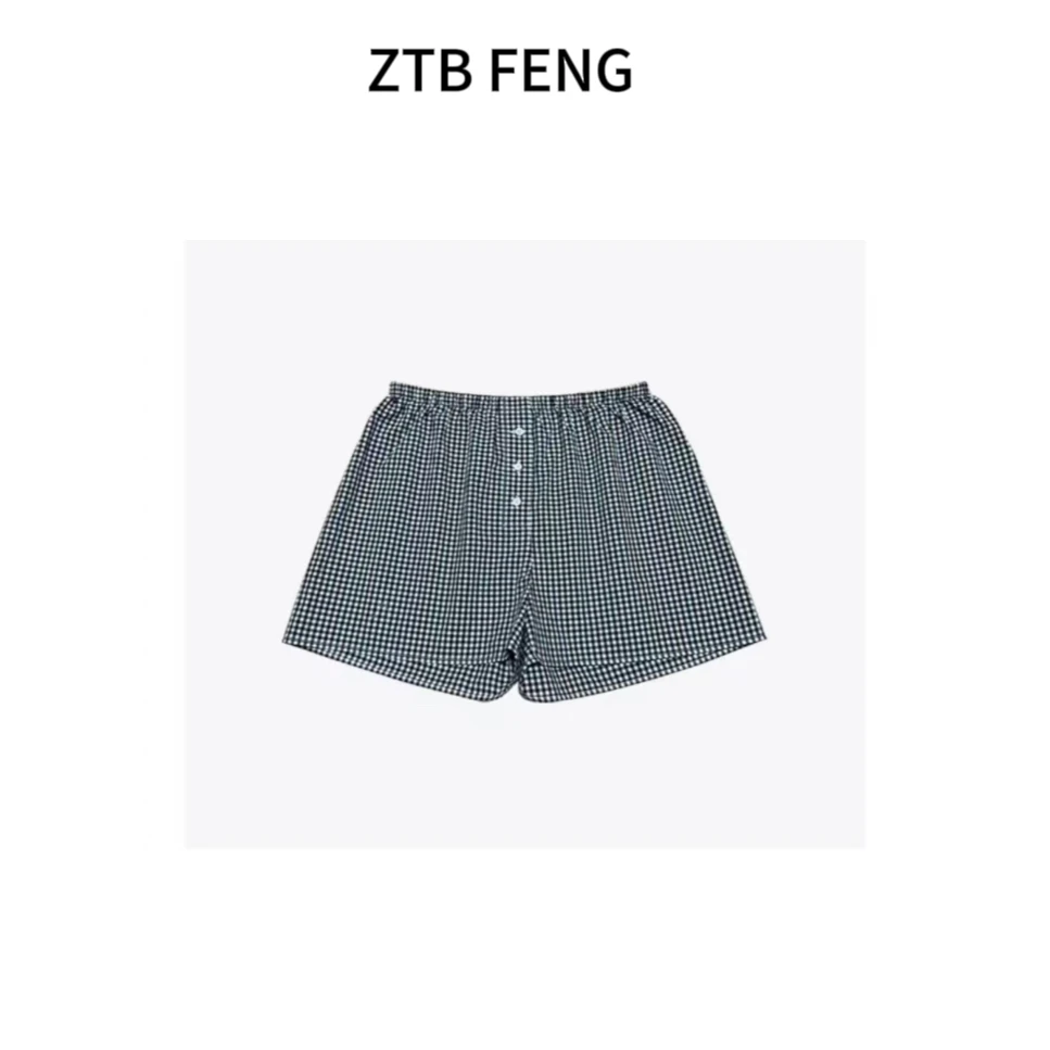 ZTB FENG 舒适百搭松紧腰格子短裤LK11560