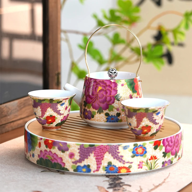 珐琅彩掐丝牡丹花提梁壶万花金丝茶壶主人杯品茗杯泡茶壶功夫茶具