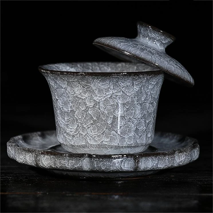 悬停黑冰三才盖碗主人杯手工铁胎开片化冰裂纹陶瓷高端功夫茶具