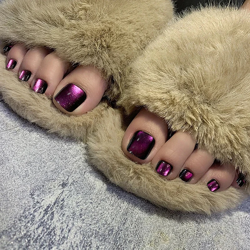 夏季光疗穿戴美甲脚趾甲片成品爆闪紫色猫眼脚美甲可拆卸甲F-056