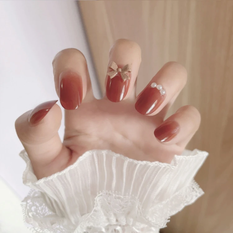 084-秋冬中长款渐变美甲穿戴甲红色渐变气质美甲片显白指甲贴片