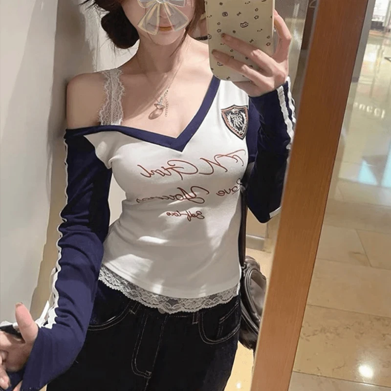 早秋季设计感美式辣妹撞色V领长袖T恤女运动风修身收腰上衣女秋冬