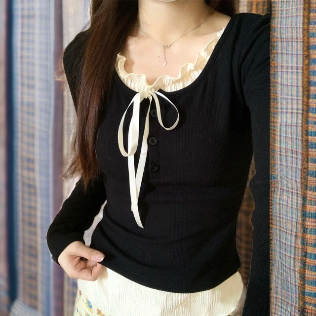 2025芭蕾风秋冬假两件保暖打底螺纹弹力显瘦纯欲上衣女上衣女秋冬