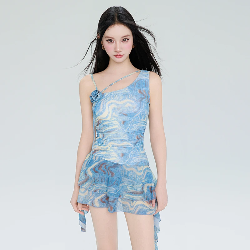 度假泡温泉时尚印花性感纯欲连体泳衣个性吊带裙修身显瘦气质沙滩