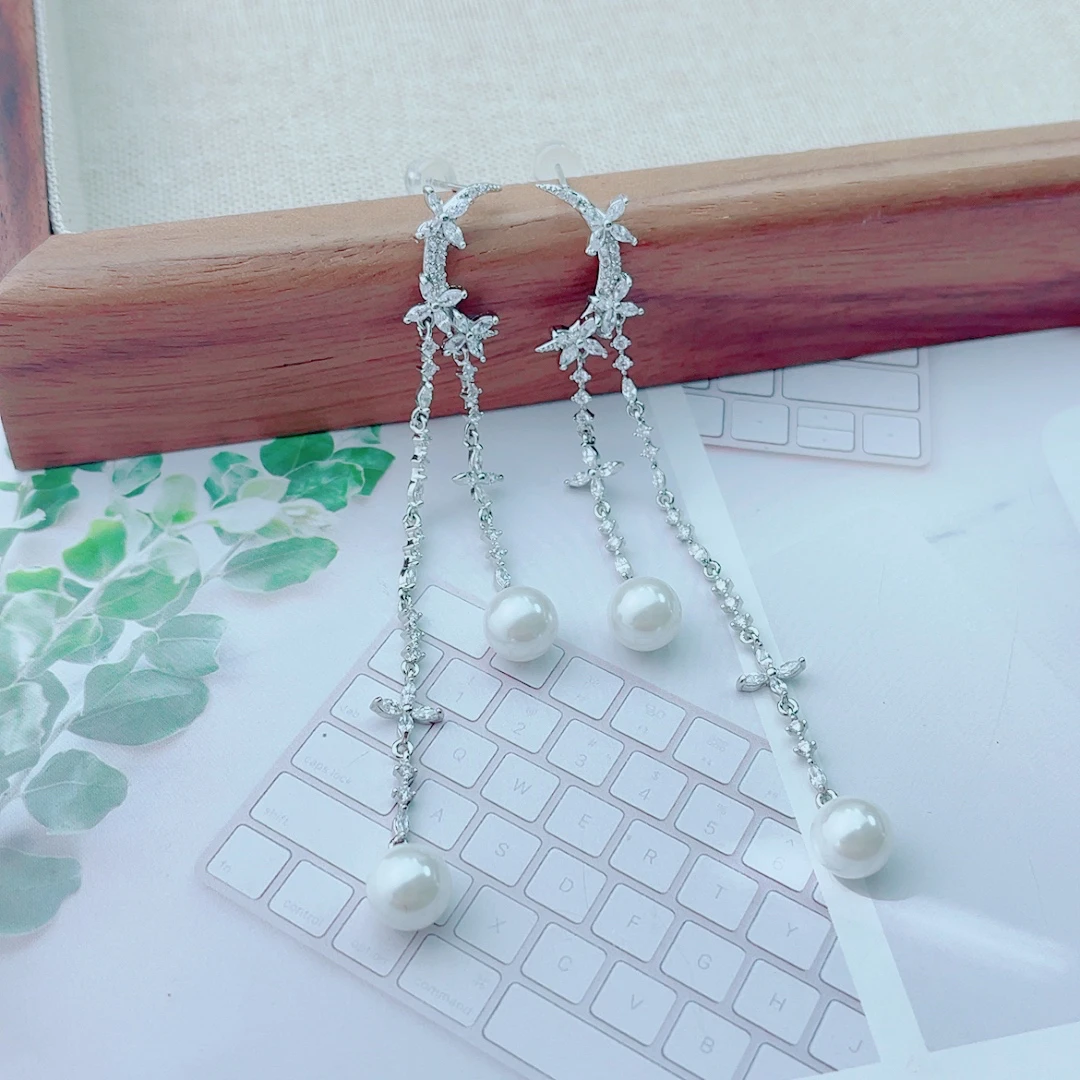 合金合成锆石耳饰 1119星月长款流苏超仙耳饰