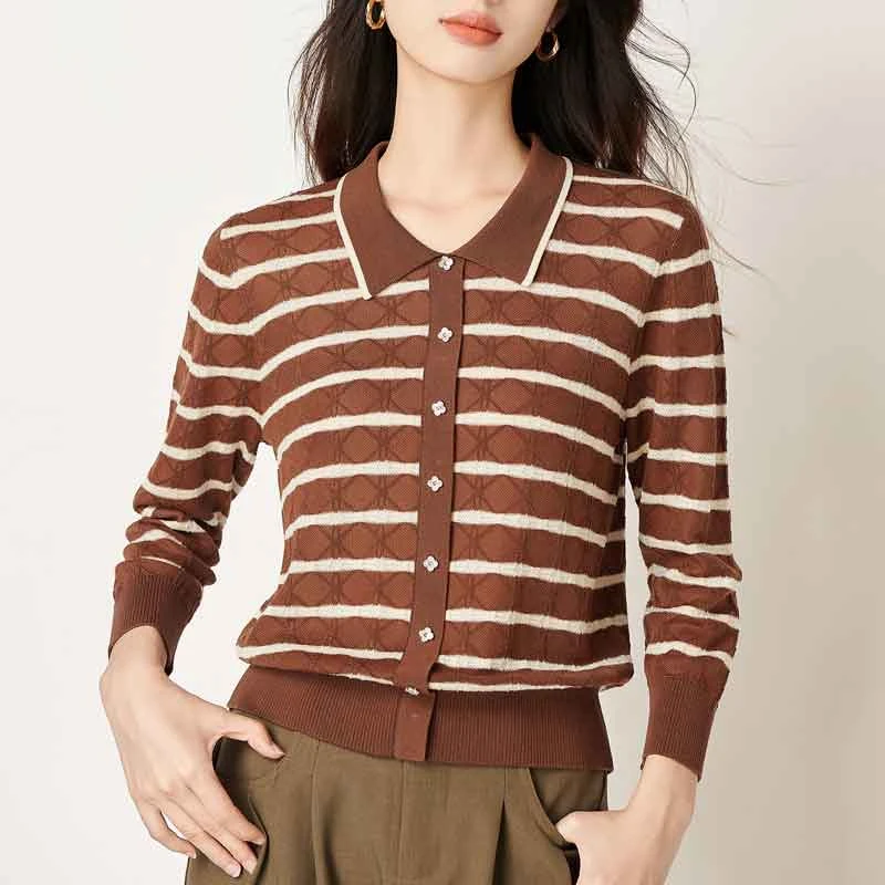 宝迪莱丝2025春秋莱赛尔天丝针织衫女POLO领长袖条纹毛衫休闲毛衣