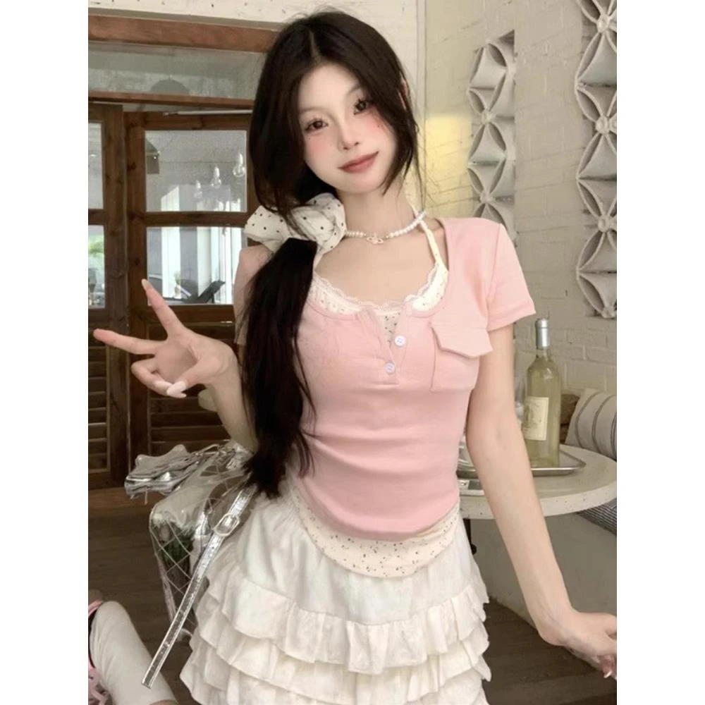 纯欲风粉色挂脖短袖T恤女夏新款大码胖mm漂亮小衫假两件碎花上衣