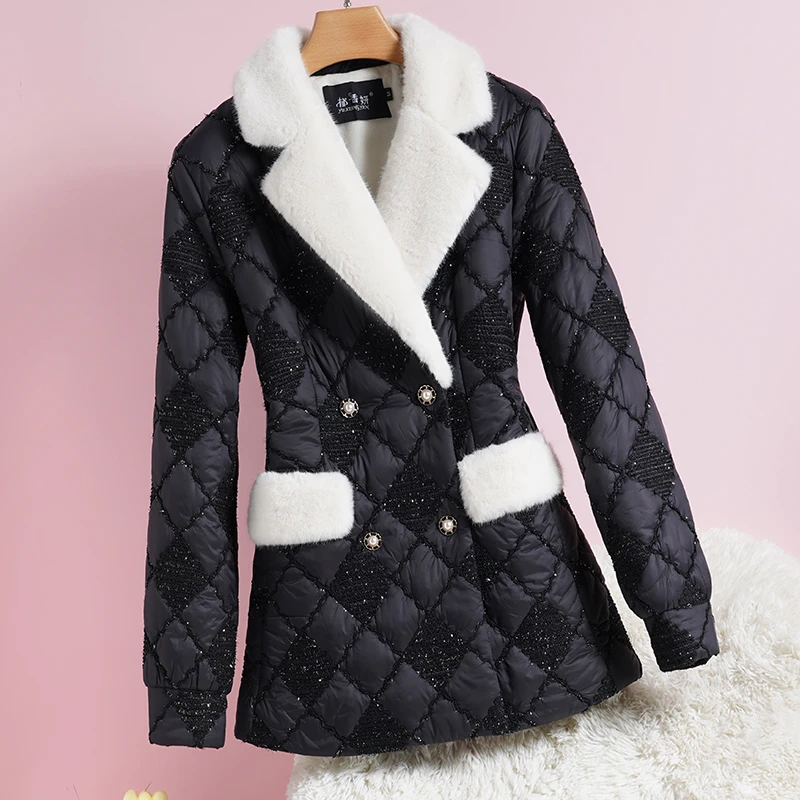 加绒加厚西装外套女气质冬装修身格子西服毛领拼接高级小西装黑色