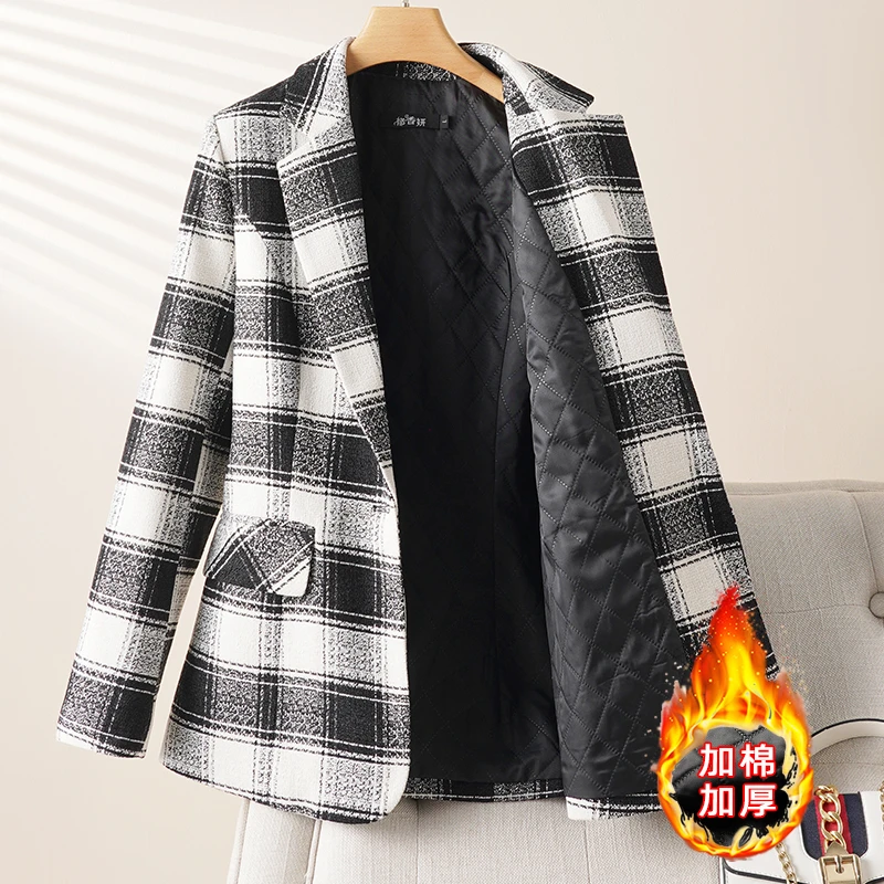 夹棉西装外套女冬季新款加厚格子西服今年流行修身名媛小西装百搭