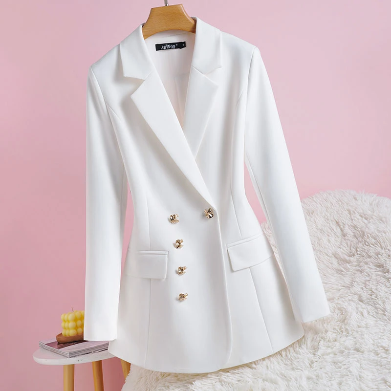 2025春季新款收腰小西装女外套设计感修身气质西服白色双排扣上衣