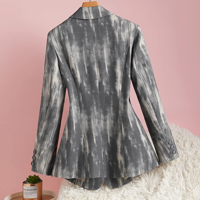 西装外套女2025年新款秋装印花修身小西装复古设计感西服灰色上衣