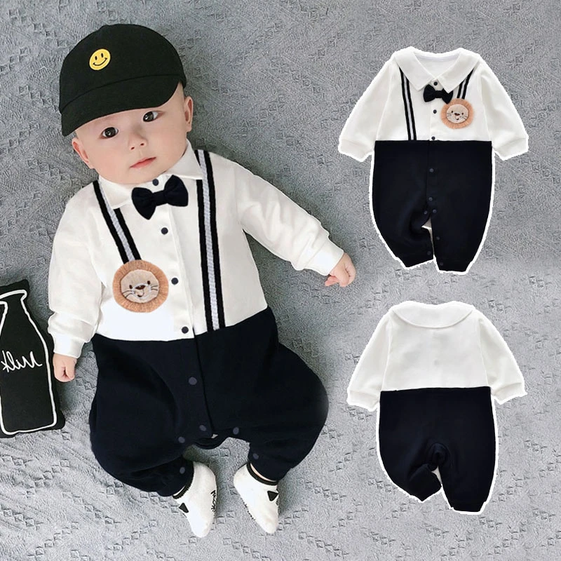 婴儿绅士连体衣春秋长袖领结哈衣0一18个月男宝宝纯棉婴儿外出服
