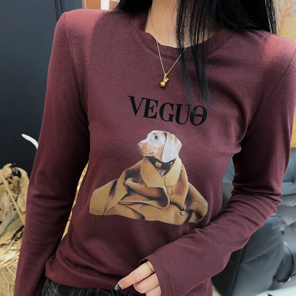 65606 K11精品小众甜酷显瘦休闲趣味小狗印花长袖圆领T恤