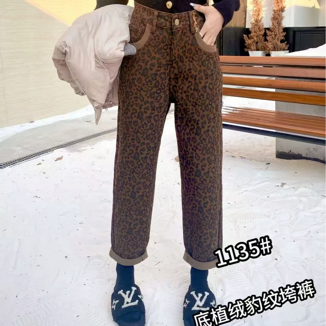 1135欧货高端高腰百搭休闲气质豹纹加厚长裤
