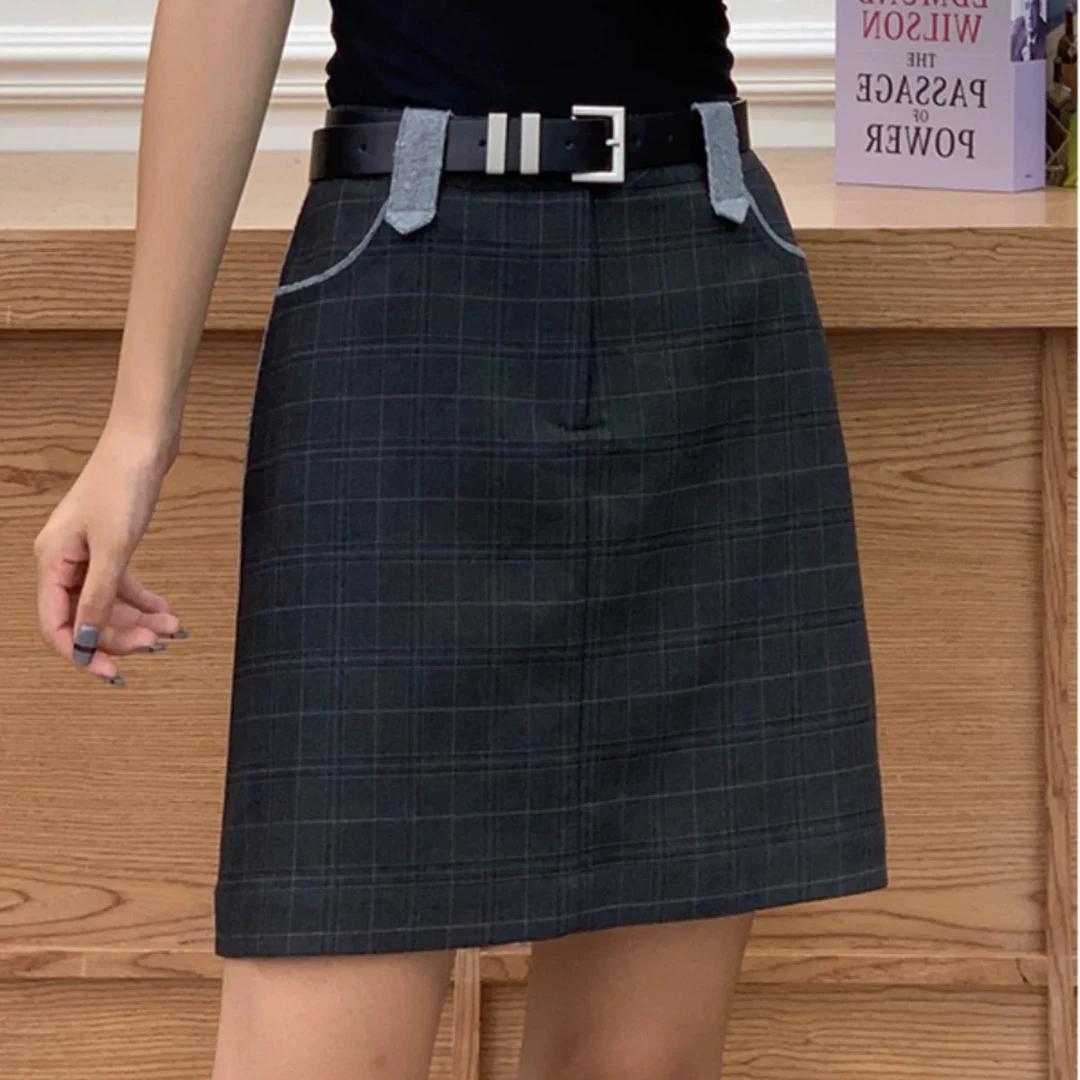 81106 UF格子腰带半裙高级感显瘦格纹高腰百搭秋冬气质短裙