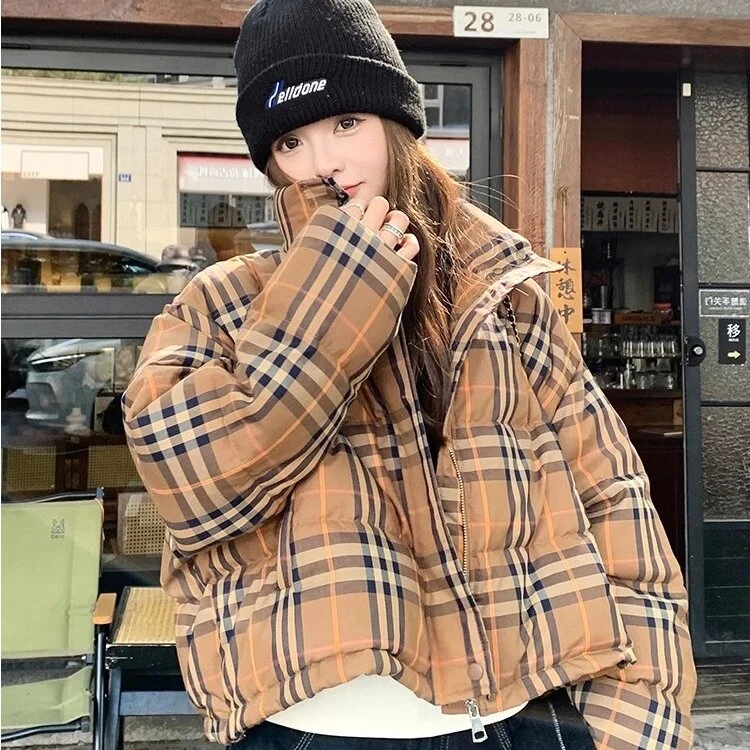 正品格子羽绒服女士冬季白鸭绒加厚格子布时尚宽松短款外套上衣