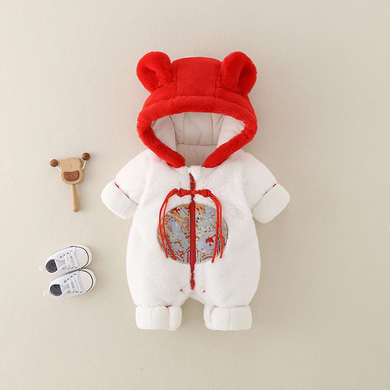 新生儿宝宝拜年服婴儿冬季加绒加绒加厚保暖连体衣婴儿冬装外出服