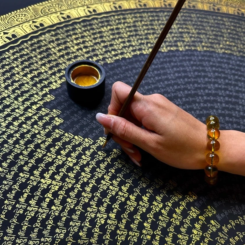 六字坛城手绘diy西藏手绘装饰画六字手绘茶室背景挂画黄财神