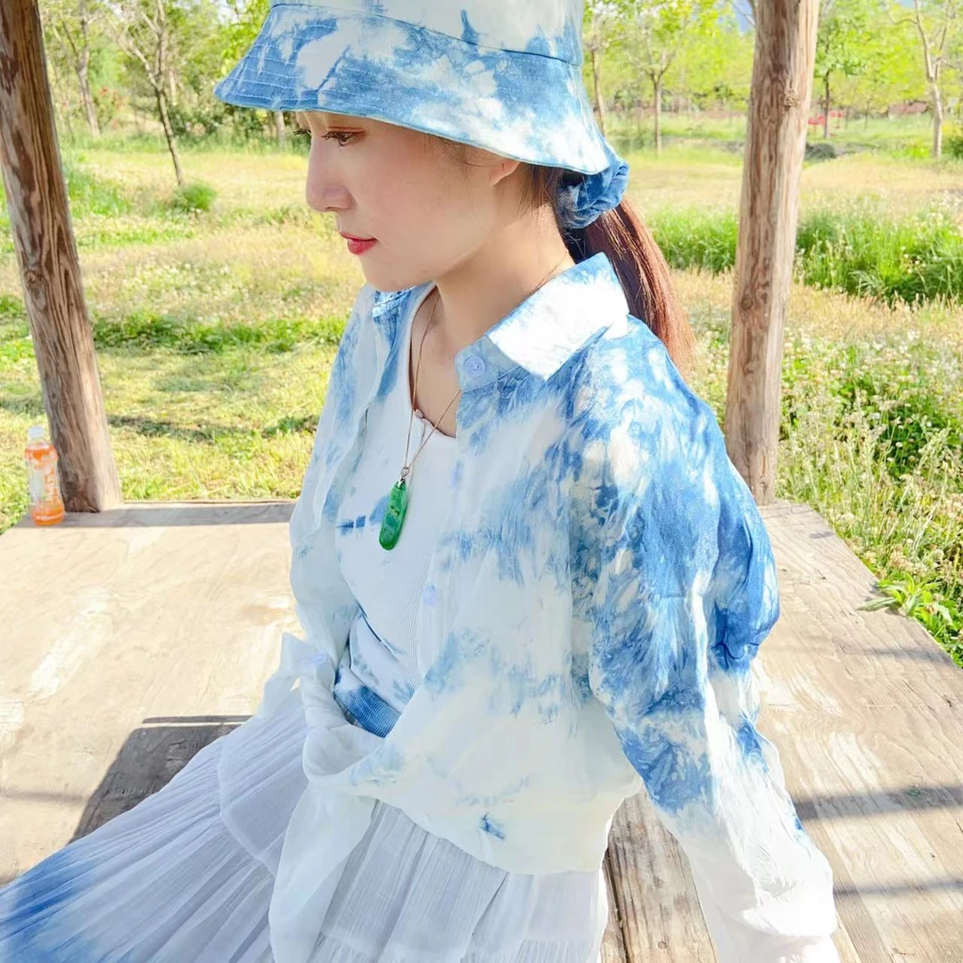 《大理蓝扎染》纯手工扎染防晒衬衫碎花牛仔蓝色夏季春夏遮阳印花