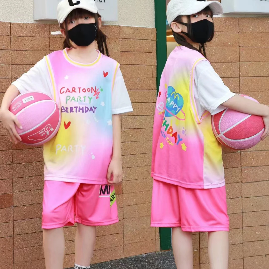 2025儿童夏季新款速干篮球服套装粉色爱心款