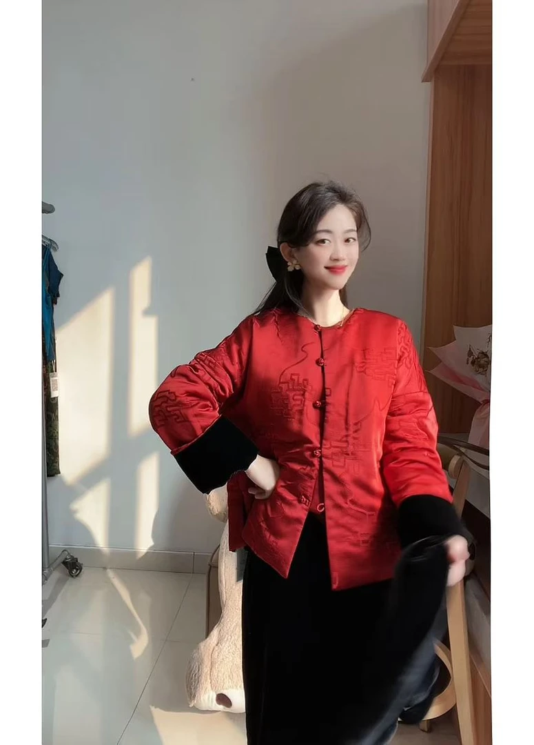 冬季新款喜庆红桑蚕丝羊毛双面双穿棉衣国风新中式圆领棉服DY2003