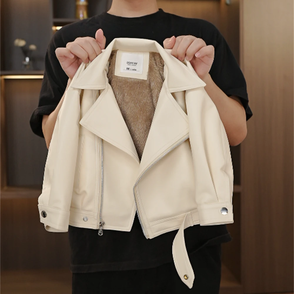 【加绒更暖】2025秋冬新款慕斯奶油加绒白皮衣儿童宝宝皮夹克儿童