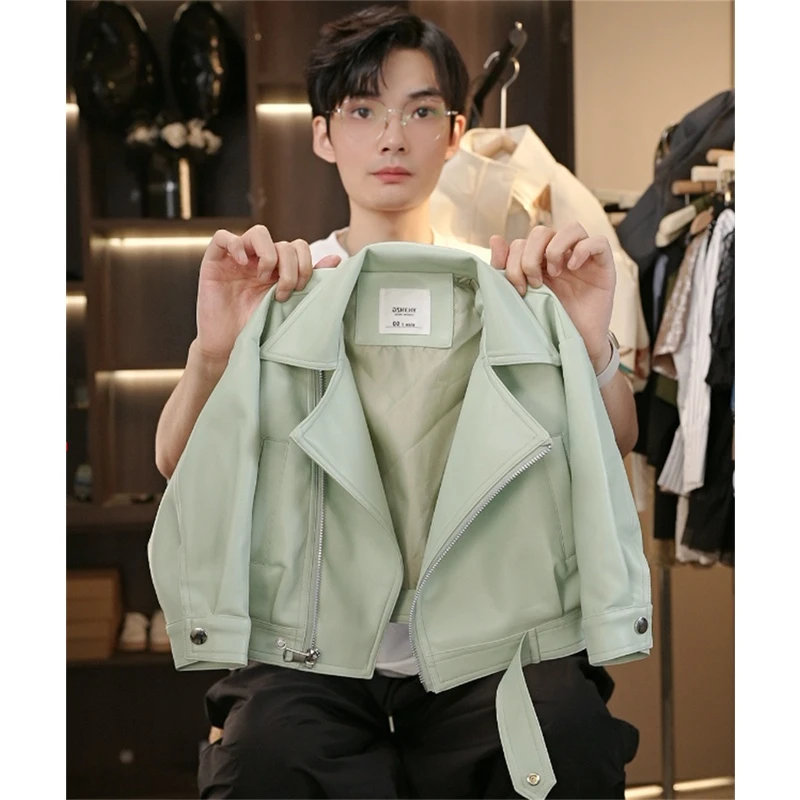 【播完下价】童装皮衣2024春秋新款中大童绿色时髦皮衣夹克帅气潮