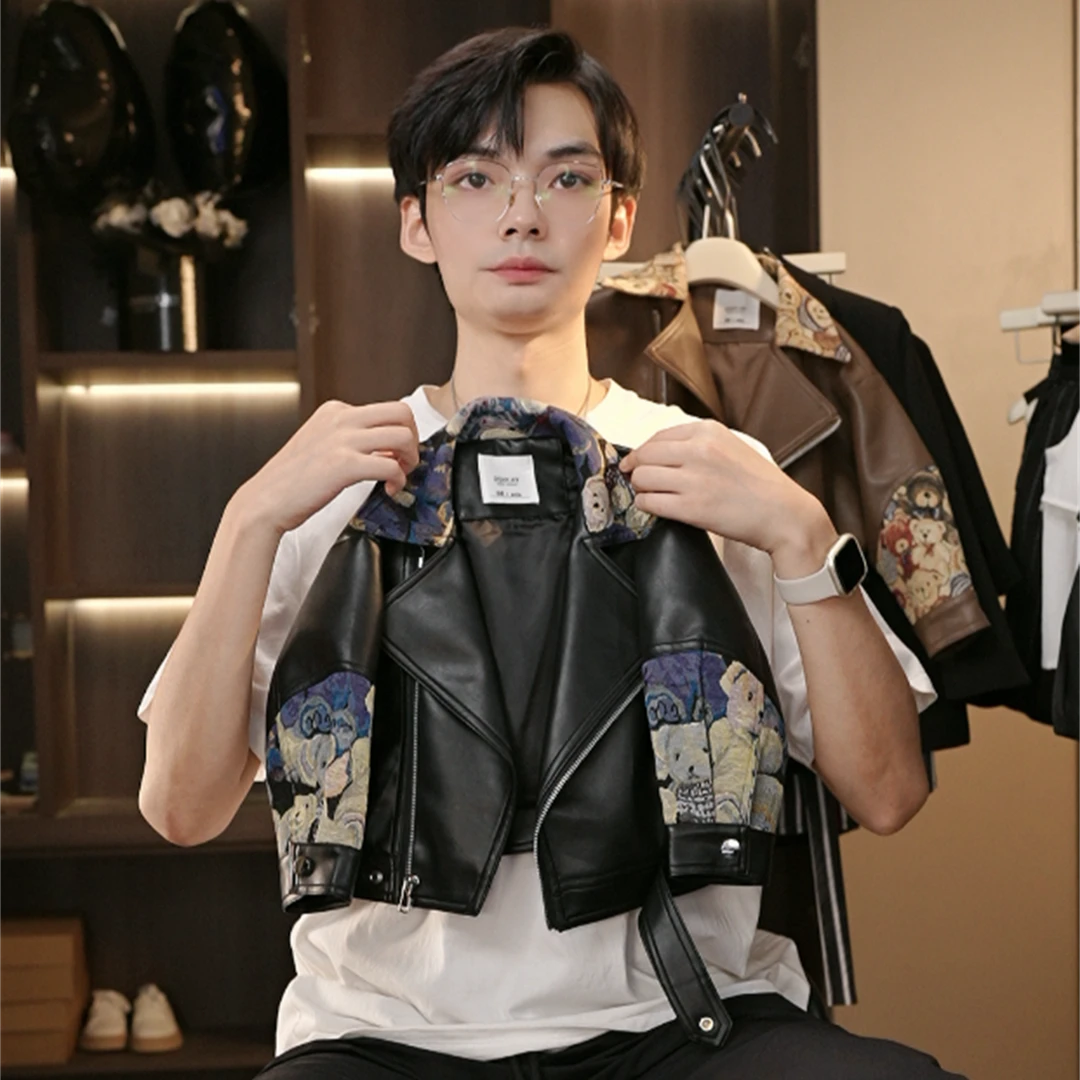 【现货小熊】2024新款黑色小熊刺绣皮衣男女童春秋款时尚休闲皮夹克