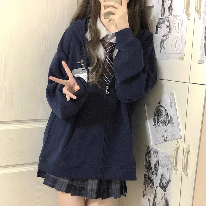 藏青色宽松连帽卫衣女学生秋冬显瘦百搭酒红色拉链开衫jk外套上衣